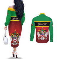 Personalized Saint Kitts and Nevis Royal Pattern Couples Matching Off The Shoulder Long Sleeve Dress and Long Sleeve Button Shirt - Wonder Print Shop