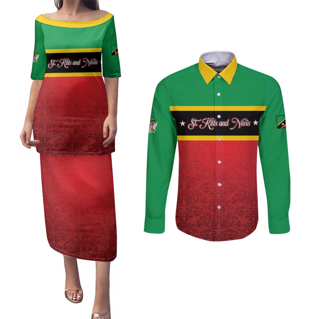 Personalized Saint Kitts and Nevis Royal Pattern Couples Matching Puletasi and Long Sleeve Button Shirt - Wonder Print Shop