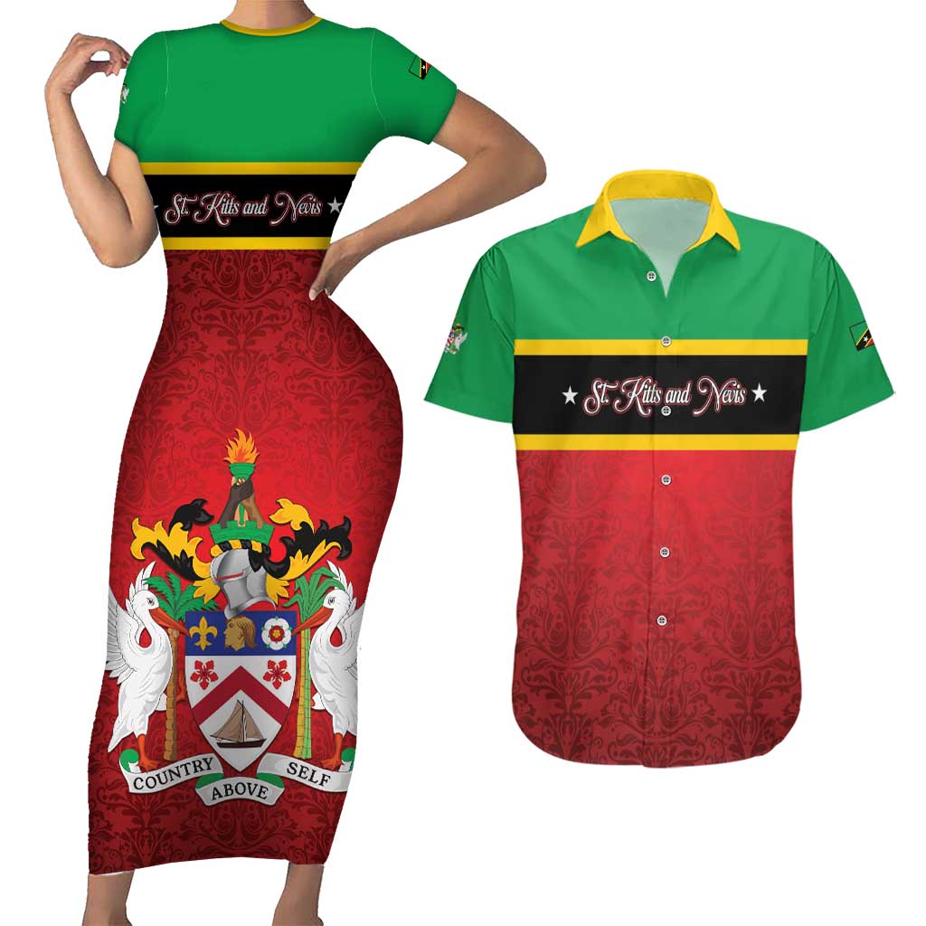 Personalized Saint Kitts and Nevis Royal Pattern Couples Matching Short Sleeve Bodycon Dress and Hawaiian Shirt - Wonder Print Shop