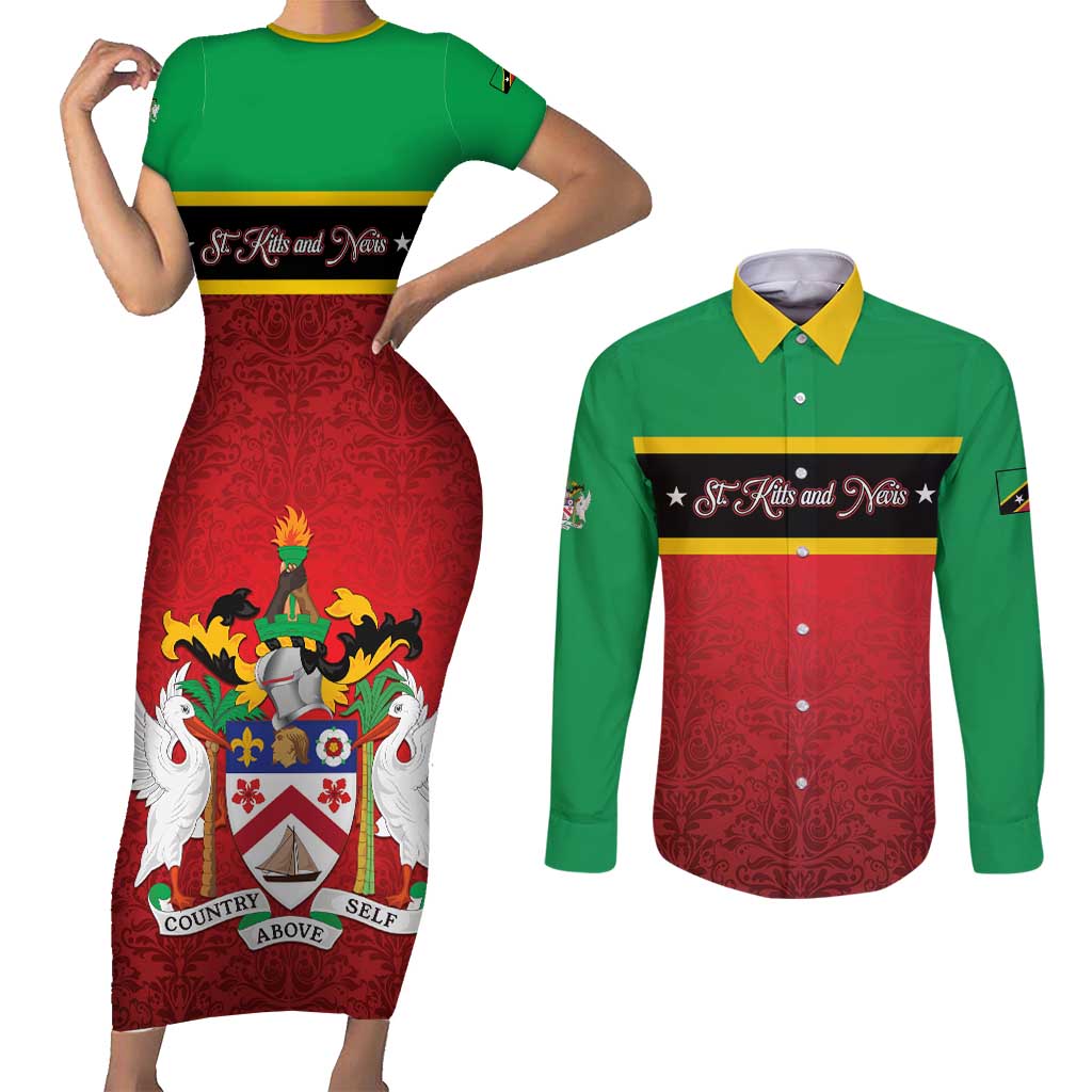 Personalized Saint Kitts and Nevis Royal Pattern Couples Matching Short Sleeve Bodycon Dress and Long Sleeve Button Shirt - Wonder Print Shop
