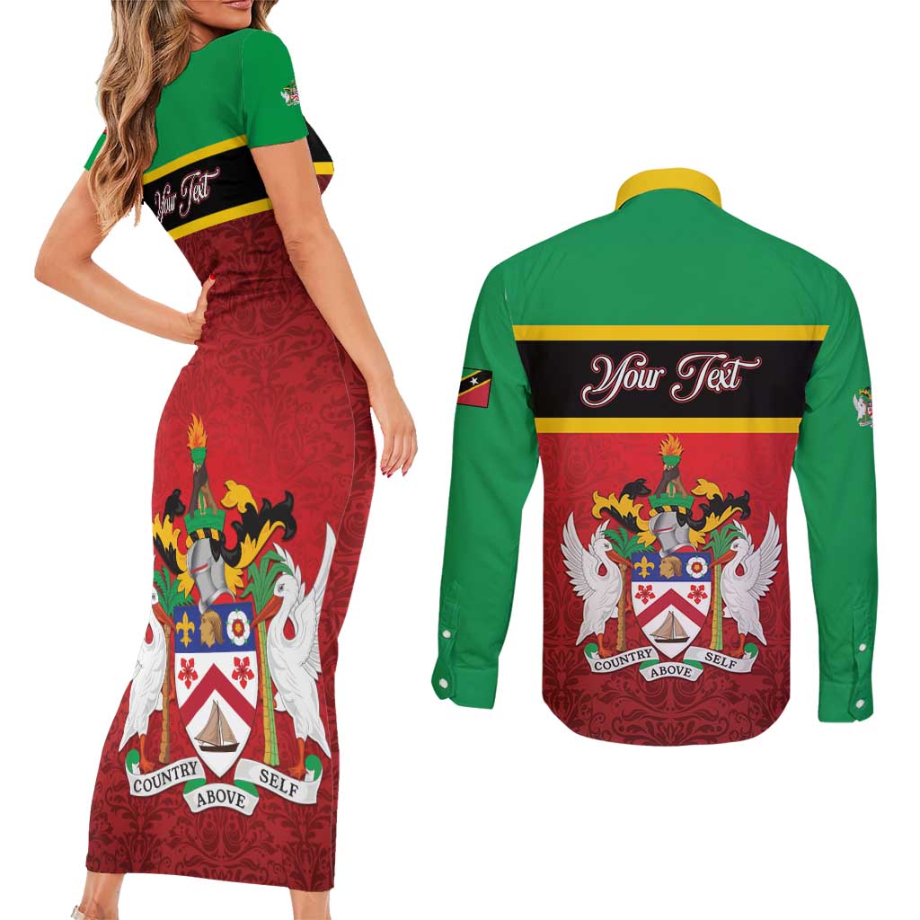 Personalized Saint Kitts and Nevis Royal Pattern Couples Matching Short Sleeve Bodycon Dress and Long Sleeve Button Shirt - Wonder Print Shop