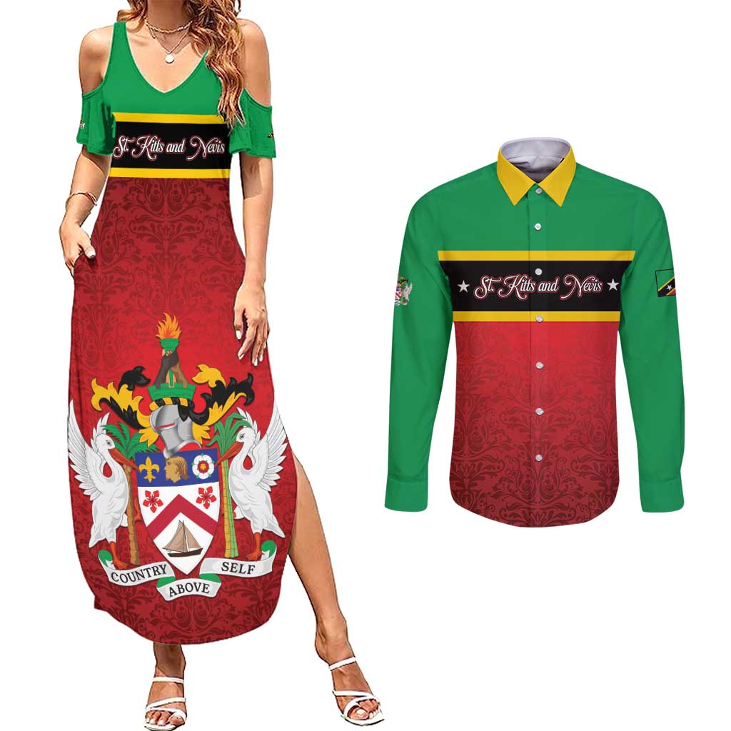Personalized Saint Kitts and Nevis Royal Pattern Couples Matching Summer Maxi Dress and Long Sleeve Button Shirt - Wonder Print Shop