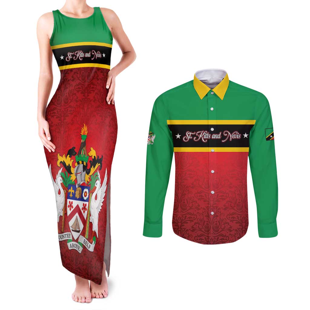 Personalized Saint Kitts and Nevis Royal Pattern Couples Matching Tank Maxi Dress and Long Sleeve Button Shirt - Wonder Print Shop