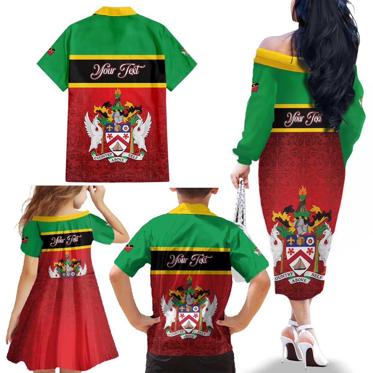 Personalized Saint Kitts and Nevis Royal Pattern Family Matching Off The Shoulder Long Sleeve Dress and Hawaiian Shirt - Wonder Print Shop