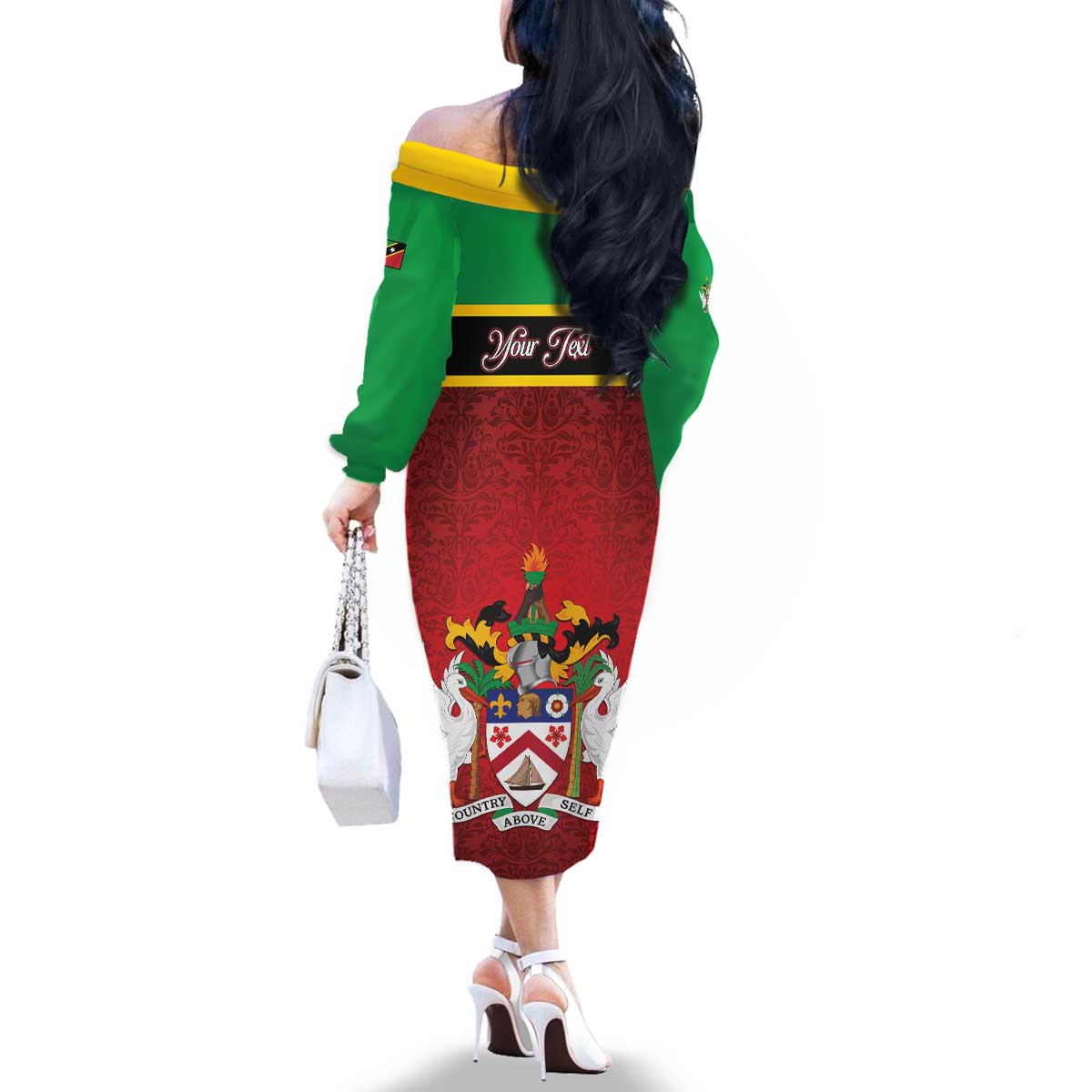 Personalized Saint Kitts and Nevis Royal Pattern Family Matching Off The Shoulder Long Sleeve Dress and Hawaiian Shirt - Wonder Print Shop