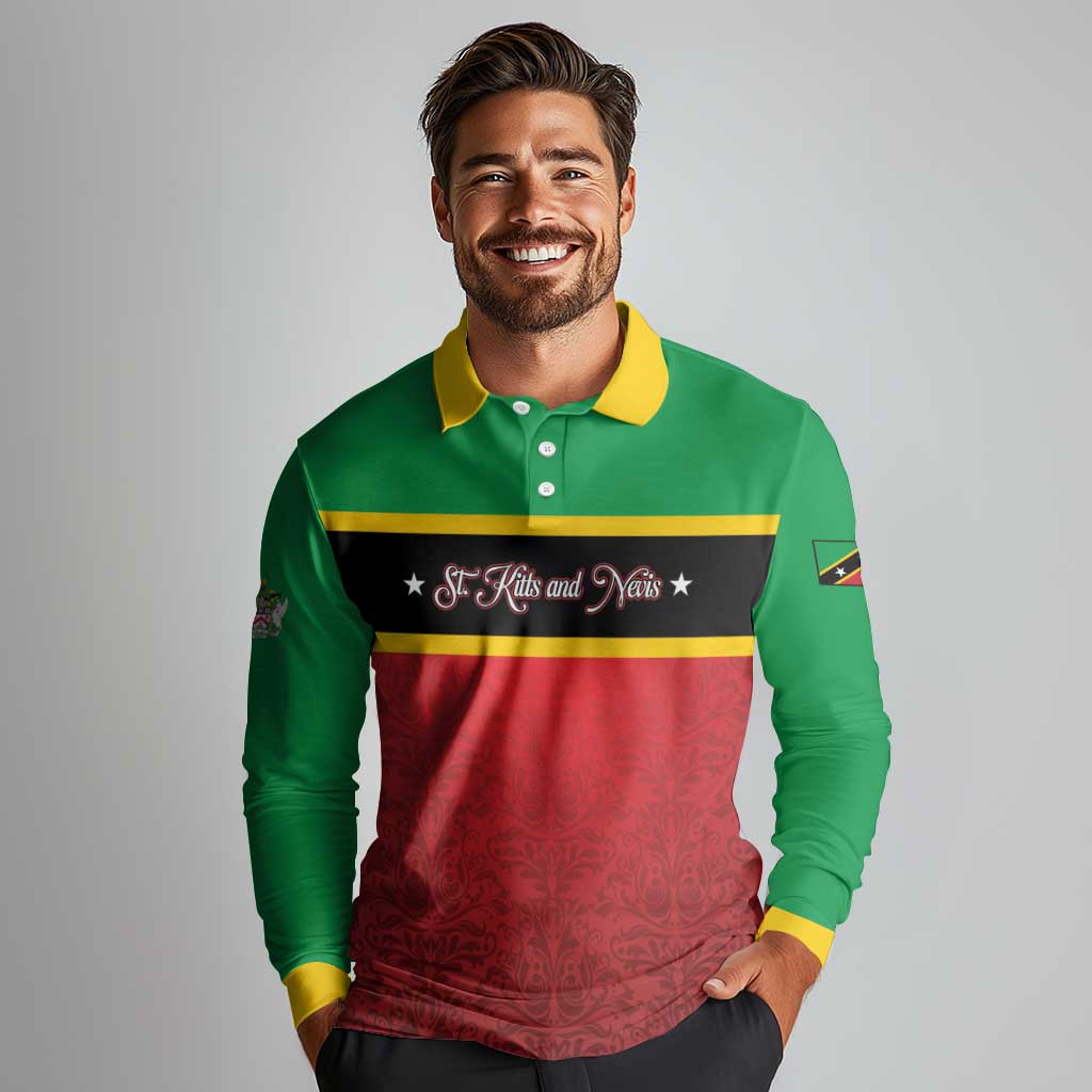 Personalized Saint Kitts and Nevis Royal Pattern Long Sleeve Polo Shirt - Wonder Print Shop