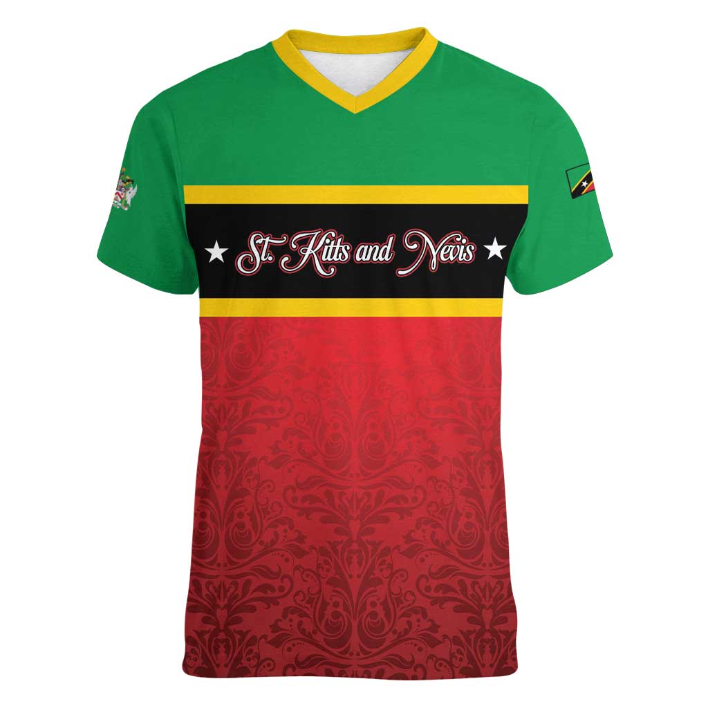 Personalized Saint Kitts and Nevis Royal Pattern Women V-Neck T-Shirt - Wonder Print Shop