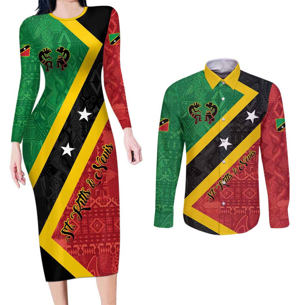 Personalized Saint Kitts and Nevis Culturama Couples Matching Long Sleeve Bodycon Dress and Long Sleeve Button Shirt African Pattern - Wonder Print Shop