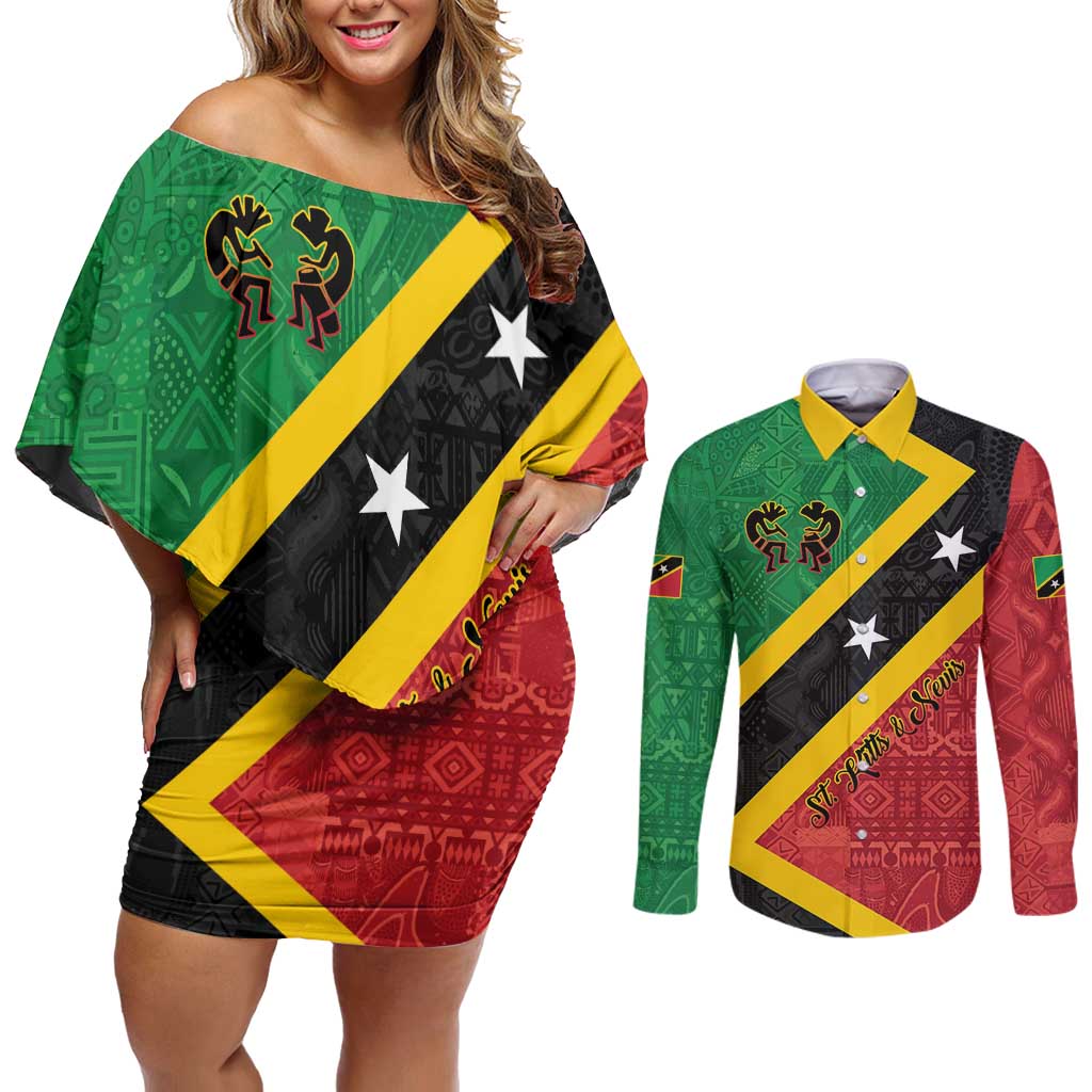 Personalized Saint Kitts and Nevis Culturama Couples Matching Off Shoulder Short Dress and Long Sleeve Button Shirt African Pattern - Wonder Print Shop