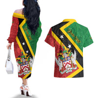 Personalized Saint Kitts and Nevis Culturama Couples Matching Off The Shoulder Long Sleeve Dress and Hawaiian Shirt African Pattern - Wonder Print Shop