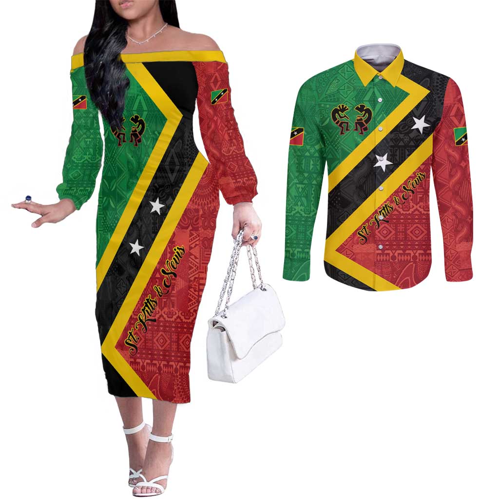 Personalized Saint Kitts and Nevis Culturama Couples Matching Off The Shoulder Long Sleeve Dress and Long Sleeve Button Shirt African Pattern - Wonder Print Shop