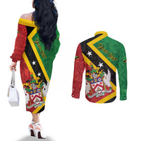 Personalized Saint Kitts and Nevis Culturama Couples Matching Off The Shoulder Long Sleeve Dress and Long Sleeve Button Shirt African Pattern - Wonder Print Shop