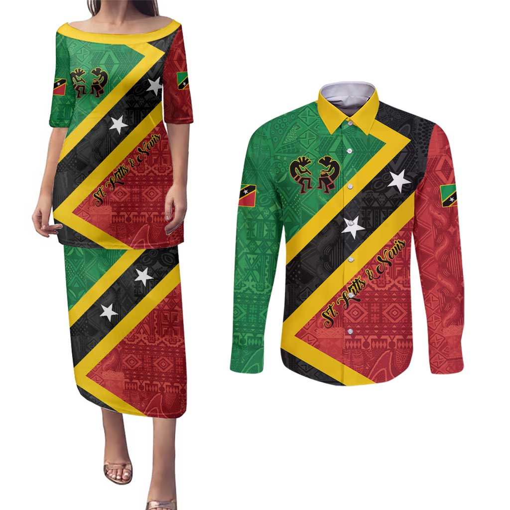 Personalized Saint Kitts and Nevis Culturama Couples Matching Puletasi and Long Sleeve Button Shirt African Pattern - Wonder Print Shop