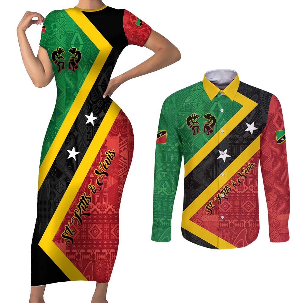 Personalized Saint Kitts and Nevis Culturama Couples Matching Short Sleeve Bodycon Dress and Long Sleeve Button Shirt African Pattern - Wonder Print Shop