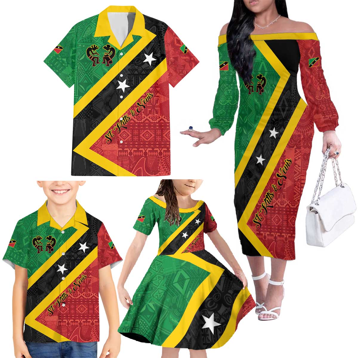 Personalized Saint Kitts and Nevis Culturama Family Matching Off The Shoulder Long Sleeve Dress and Hawaiian Shirt African Pattern - Wonder Print Shop