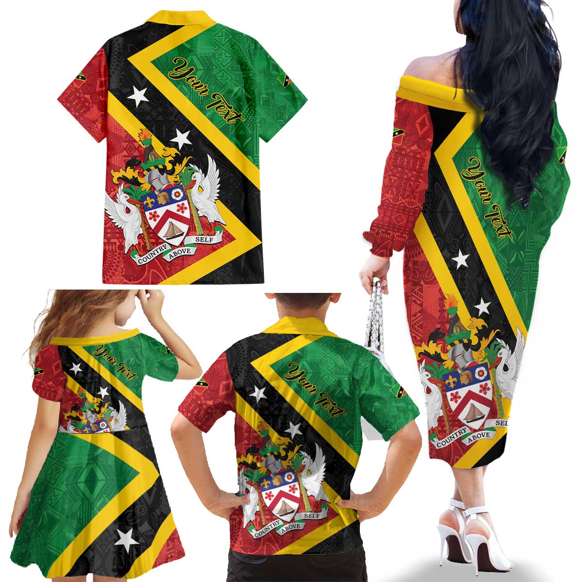 Personalized Saint Kitts and Nevis Culturama Family Matching Off The Shoulder Long Sleeve Dress and Hawaiian Shirt African Pattern - Wonder Print Shop