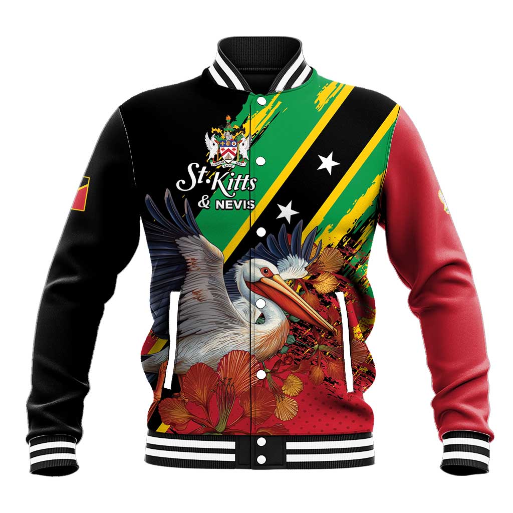 Personalized Saint Kitts and Nevis Pelican Baseball Jacket Royal Poinciana Flowers - Wonder Print Shop