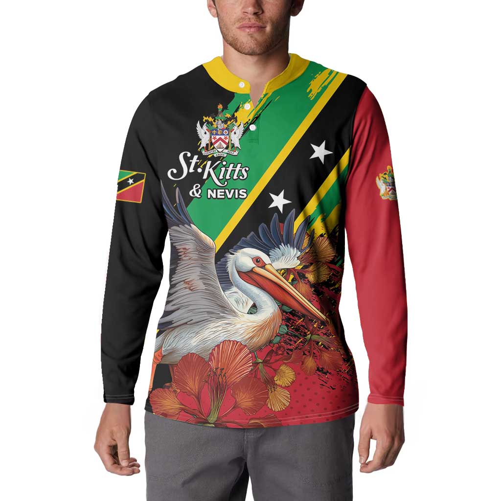 Personalized Saint Kitts and Nevis Pelican Button Sweatshirt Royal Poinciana Flowers - Wonder Print Shop