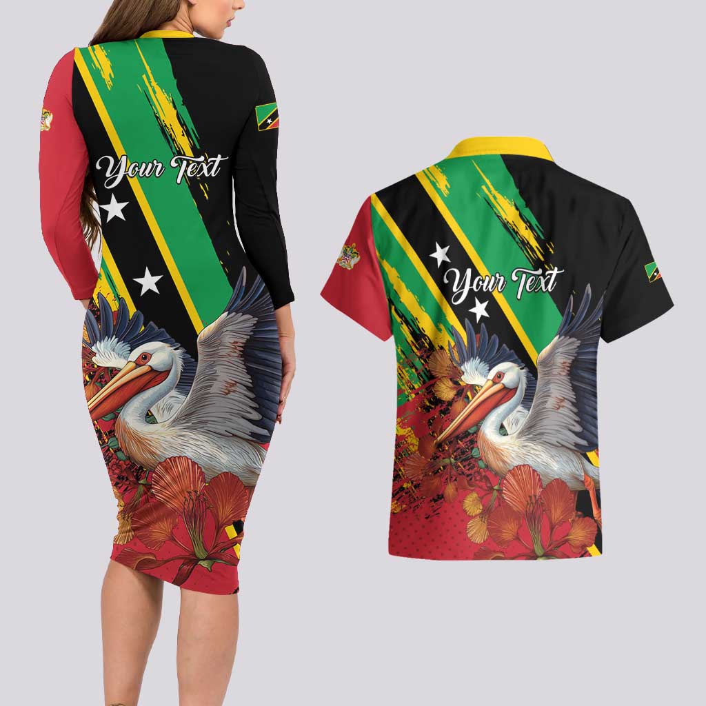 Personalized Saint Kitts and Nevis Pelican Couples Matching Long Sleeve Bodycon Dress and Hawaiian Shirt Royal Poinciana Flowers - Wonder Print Shop