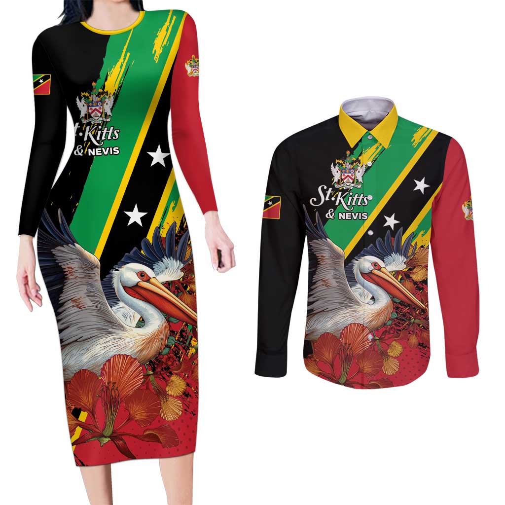 Personalized Saint Kitts and Nevis Pelican Couples Matching Long Sleeve Bodycon Dress and Long Sleeve Button Shirt Royal Poinciana Flowers - Wonder Print Shop