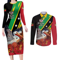 Personalized Saint Kitts and Nevis Pelican Couples Matching Long Sleeve Bodycon Dress and Long Sleeve Button Shirt Royal Poinciana Flowers - Wonder Print Shop
