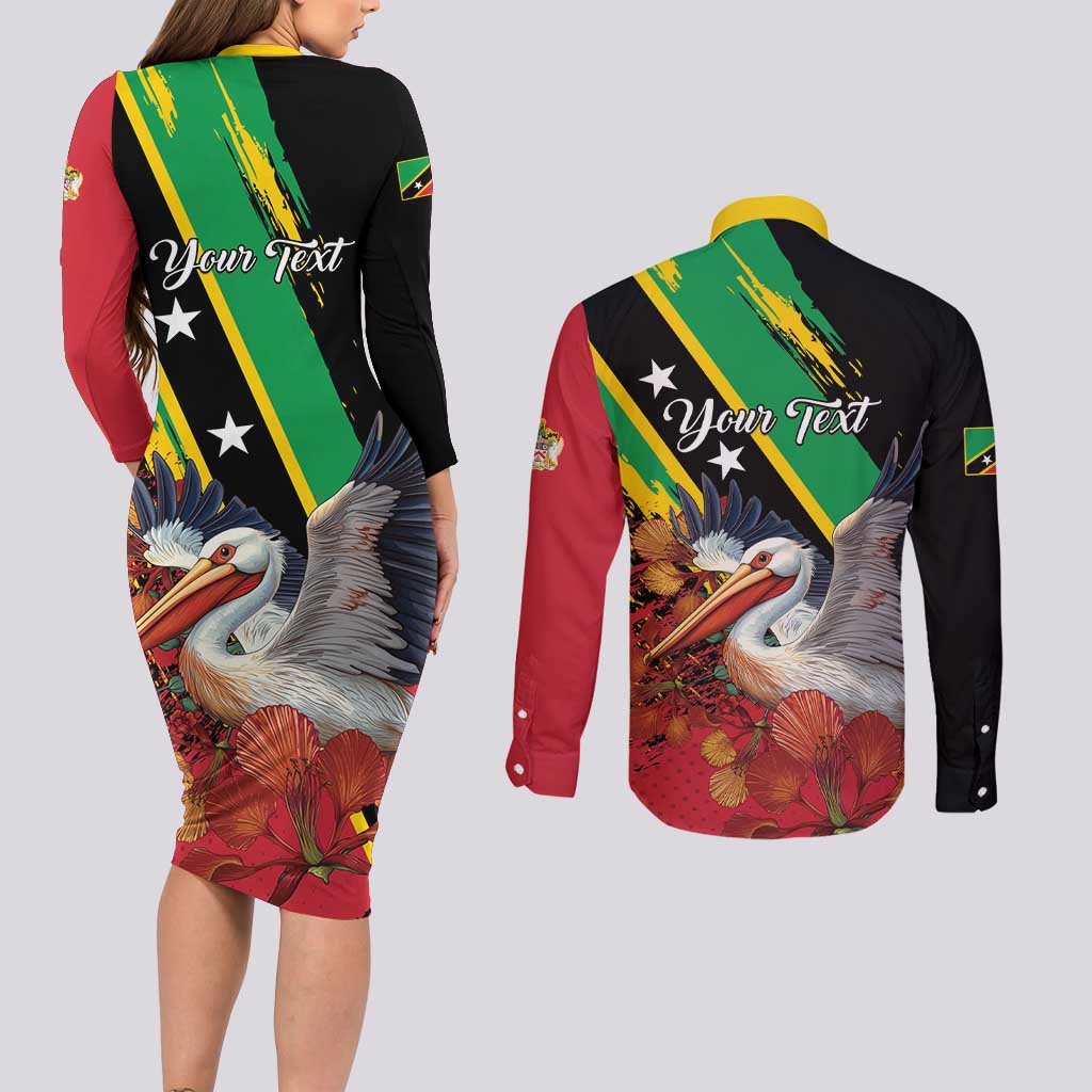 Personalized Saint Kitts and Nevis Pelican Couples Matching Long Sleeve Bodycon Dress and Long Sleeve Button Shirt Royal Poinciana Flowers - Wonder Print Shop