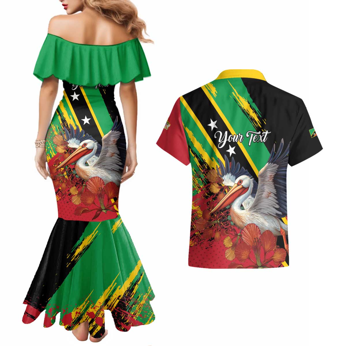 Personalized Saint Kitts and Nevis Pelican Couples Matching Mermaid Dress and Hawaiian Shirt Royal Poinciana Flowers - Wonder Print Shop