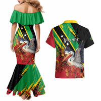 Personalized Saint Kitts and Nevis Pelican Couples Matching Mermaid Dress and Hawaiian Shirt Royal Poinciana Flowers - Wonder Print Shop