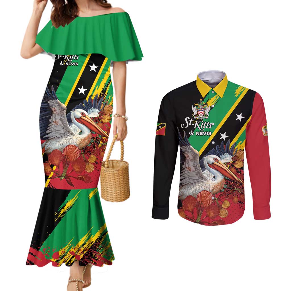 Personalized Saint Kitts and Nevis Pelican Couples Matching Mermaid Dress and Long Sleeve Button Shirt Royal Poinciana Flowers - Wonder Print Shop