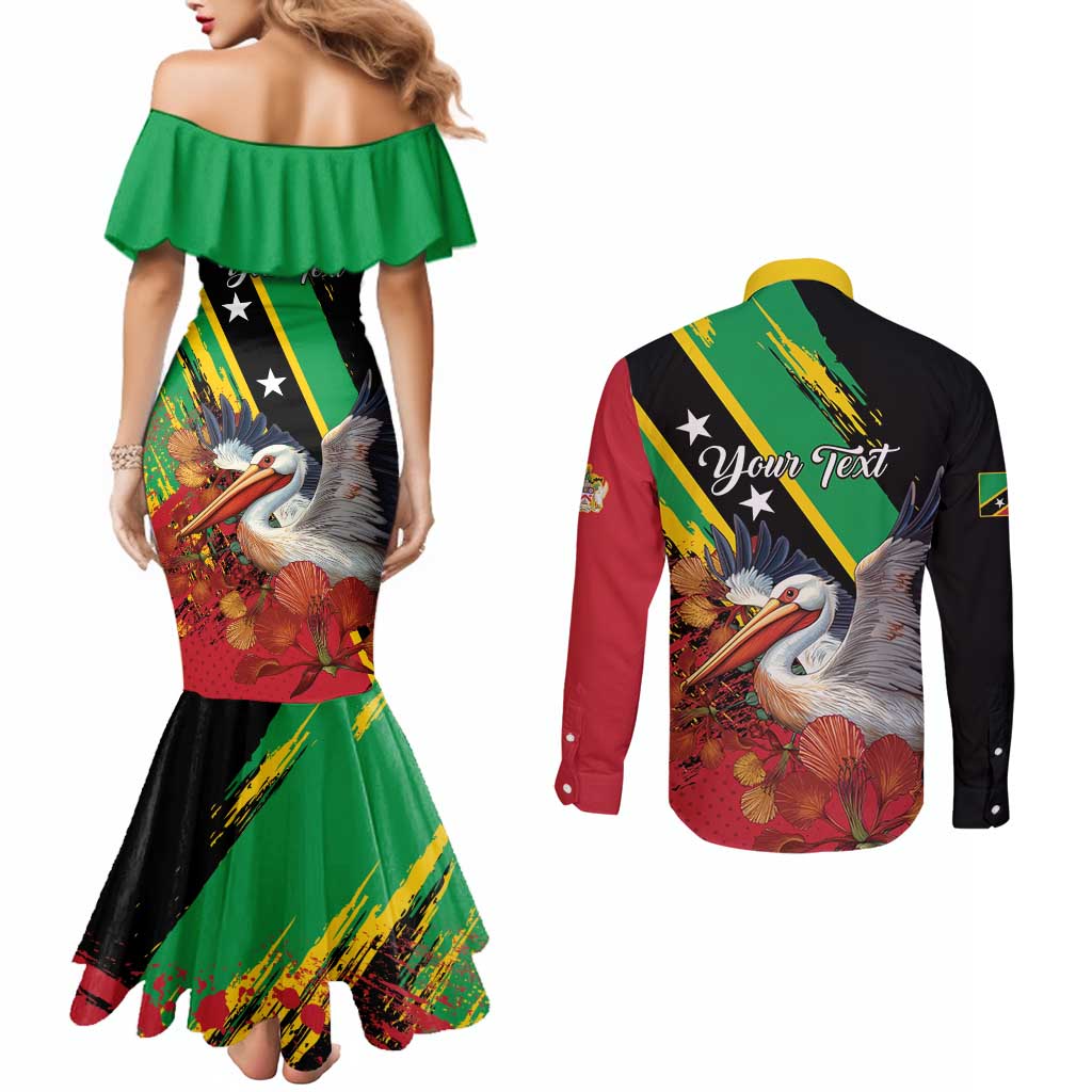 Personalized Saint Kitts and Nevis Pelican Couples Matching Mermaid Dress and Long Sleeve Button Shirt Royal Poinciana Flowers - Wonder Print Shop