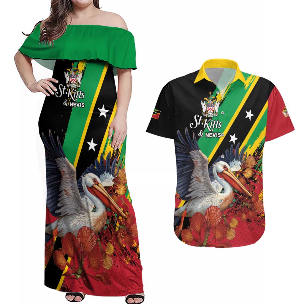 Personalized Saint Kitts and Nevis Pelican Couples Matching Off Shoulder Maxi Dress and Hawaiian Shirt Royal Poinciana Flowers - Wonder Print Shop