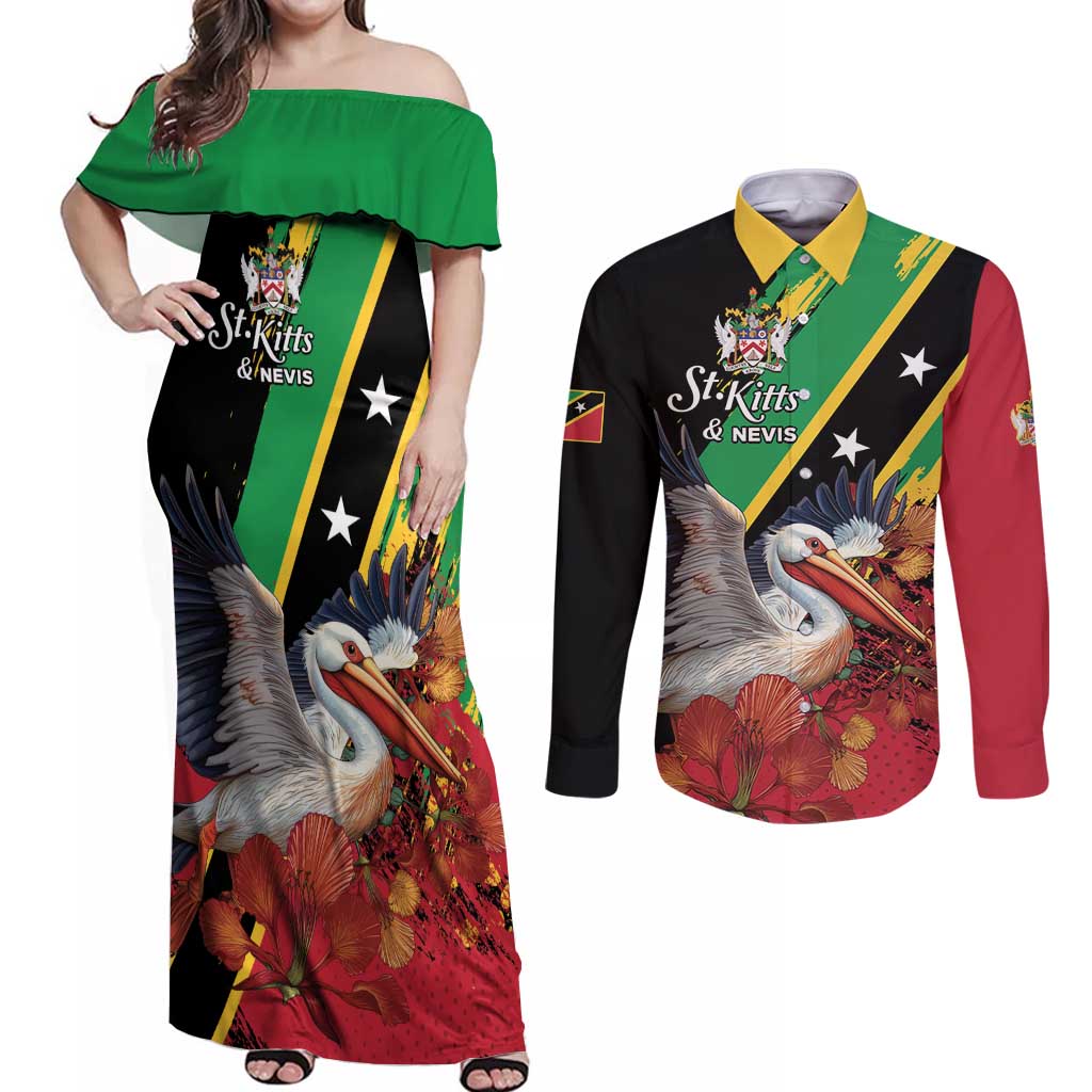 Personalized Saint Kitts and Nevis Pelican Couples Matching Off Shoulder Maxi Dress and Long Sleeve Button Shirt Royal Poinciana Flowers - Wonder Print Shop