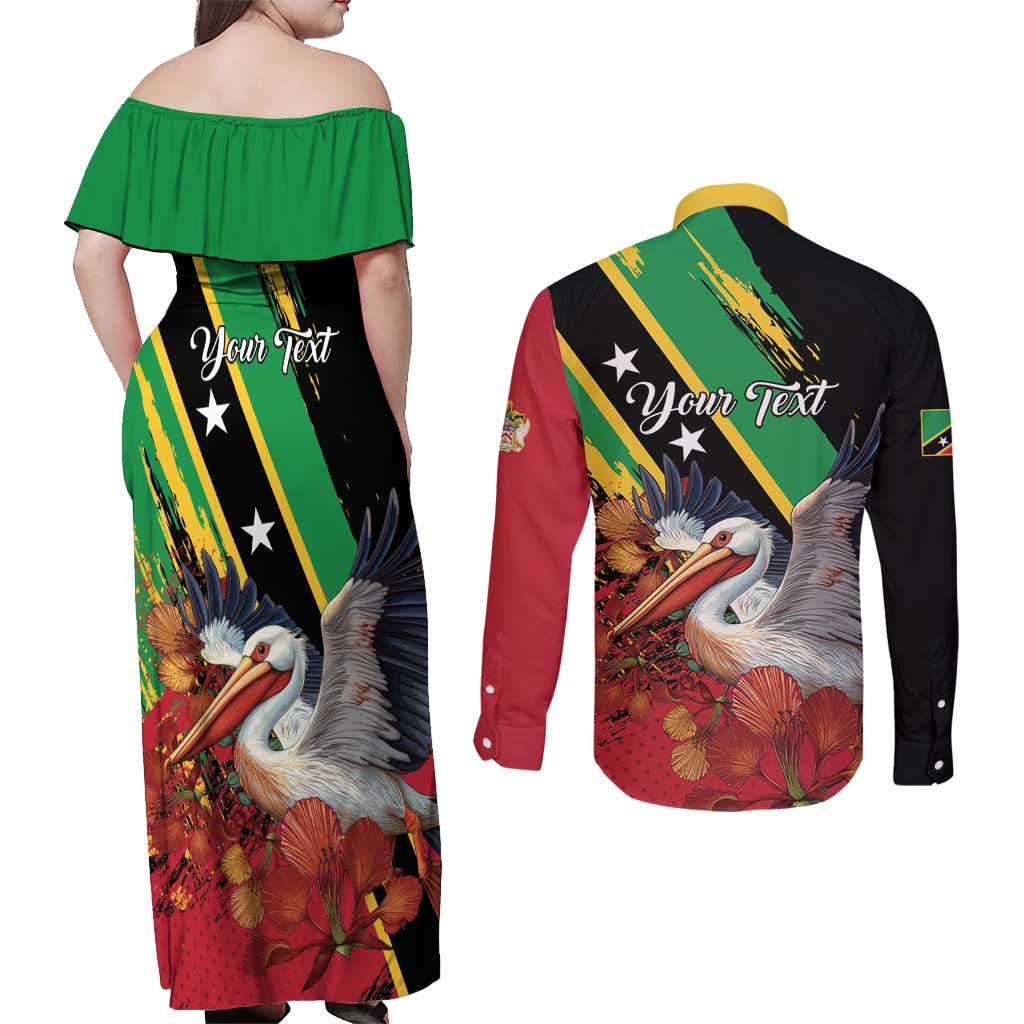 Personalized Saint Kitts and Nevis Pelican Couples Matching Off Shoulder Maxi Dress and Long Sleeve Button Shirt Royal Poinciana Flowers - Wonder Print Shop