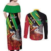 Personalized Saint Kitts and Nevis Pelican Couples Matching Off Shoulder Maxi Dress and Long Sleeve Button Shirt Royal Poinciana Flowers - Wonder Print Shop