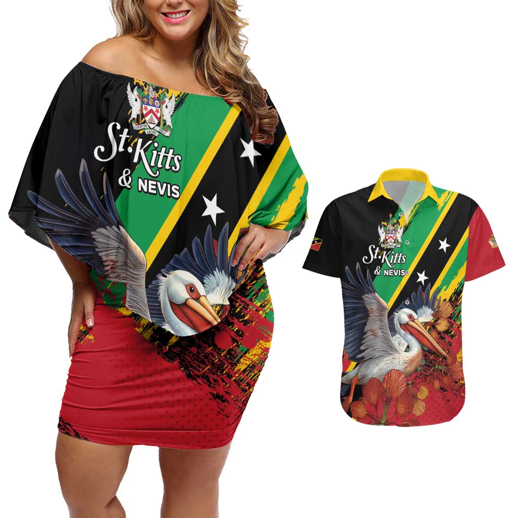 Personalized Saint Kitts and Nevis Pelican Couples Matching Off Shoulder Short Dress and Hawaiian Shirt Royal Poinciana Flowers - Wonder Print Shop