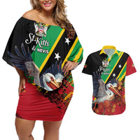 Personalized Saint Kitts and Nevis Pelican Couples Matching Off Shoulder Short Dress and Hawaiian Shirt Royal Poinciana Flowers - Wonder Print Shop