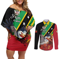 Personalized Saint Kitts and Nevis Pelican Couples Matching Off Shoulder Short Dress and Long Sleeve Button Shirt Royal Poinciana Flowers - Wonder Print Shop