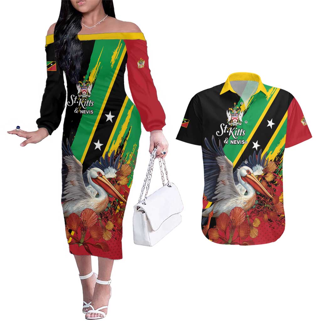 Personalized Saint Kitts and Nevis Pelican Couples Matching Off The Shoulder Long Sleeve Dress and Hawaiian Shirt Royal Poinciana Flowers - Wonder Print Shop