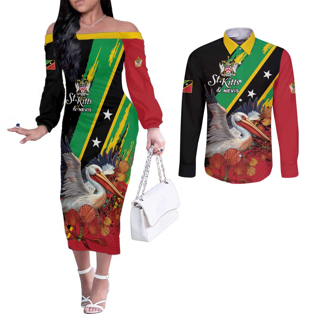 Personalized Saint Kitts and Nevis Pelican Couples Matching Off The Shoulder Long Sleeve Dress and Long Sleeve Button Shirt Royal Poinciana Flowers - Wonder Print Shop