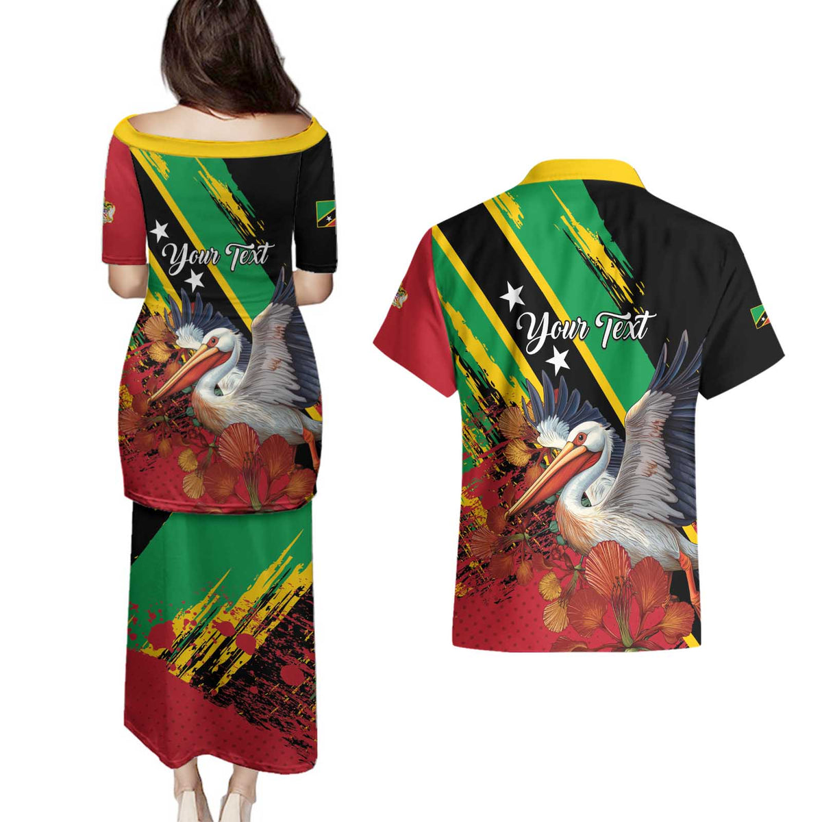 Personalized Saint Kitts and Nevis Pelican Couples Matching Puletasi and Hawaiian Shirt Royal Poinciana Flowers - Wonder Print Shop