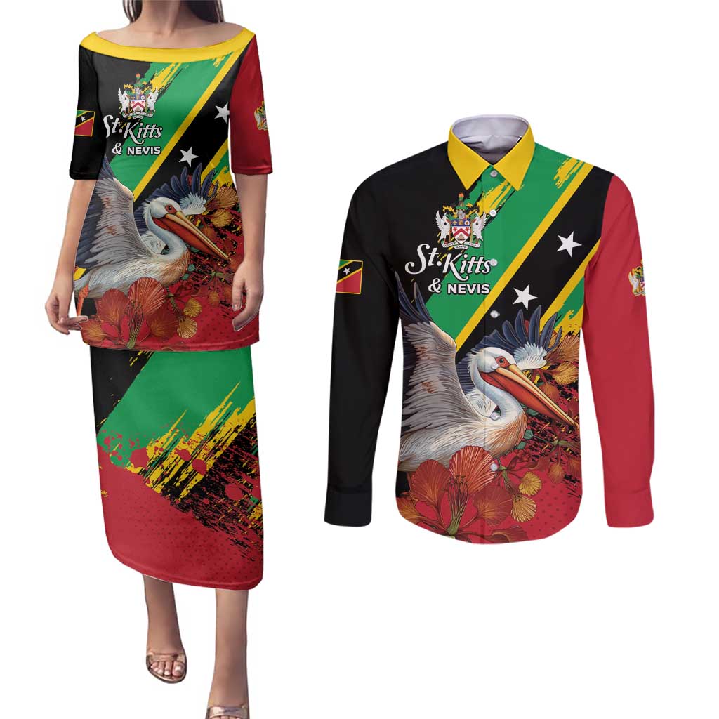 Personalized Saint Kitts and Nevis Pelican Couples Matching Puletasi and Long Sleeve Button Shirt Royal Poinciana Flowers - Wonder Print Shop