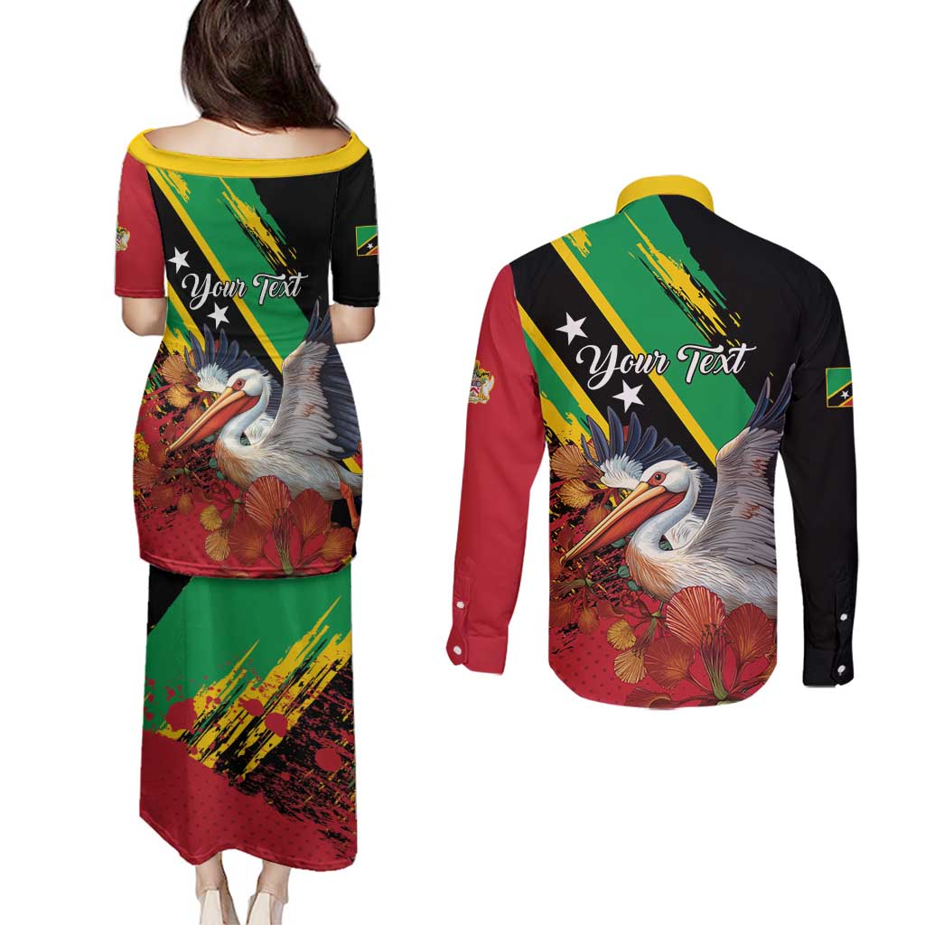 Personalized Saint Kitts and Nevis Pelican Couples Matching Puletasi and Long Sleeve Button Shirt Royal Poinciana Flowers - Wonder Print Shop