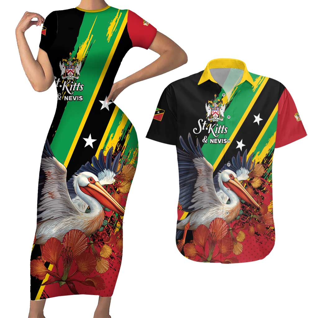 Personalized Saint Kitts and Nevis Pelican Couples Matching Short Sleeve Bodycon Dress and Hawaiian Shirt Royal Poinciana Flowers - Wonder Print Shop