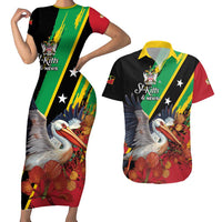 Personalized Saint Kitts and Nevis Pelican Couples Matching Short Sleeve Bodycon Dress and Hawaiian Shirt Royal Poinciana Flowers - Wonder Print Shop