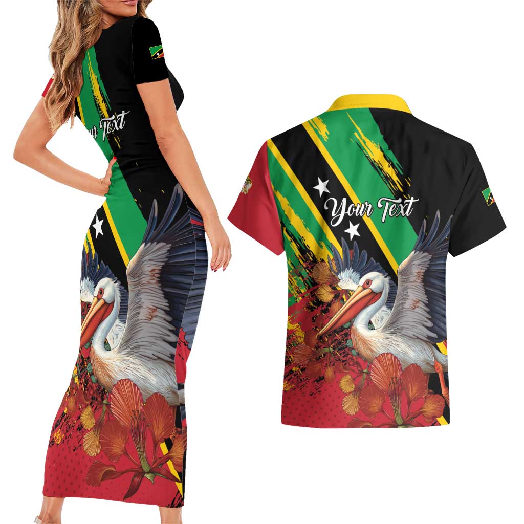 Personalized Saint Kitts and Nevis Pelican Couples Matching Short Sleeve Bodycon Dress and Hawaiian Shirt Royal Poinciana Flowers - Wonder Print Shop