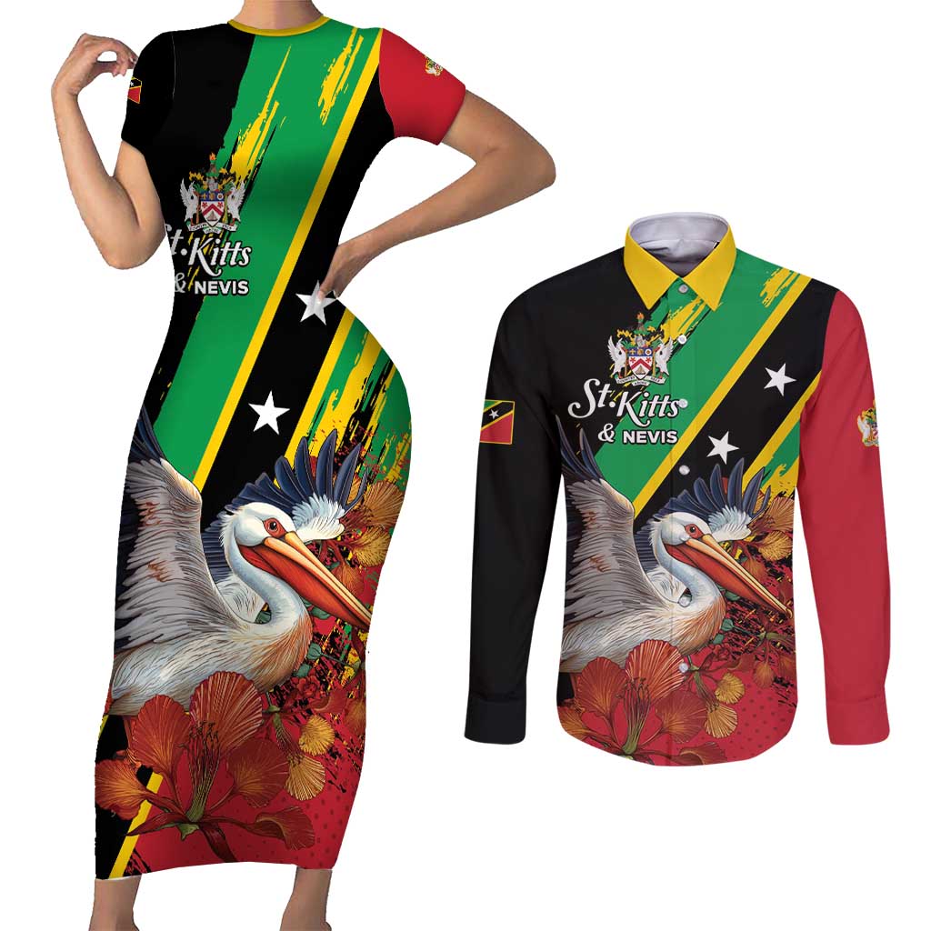Personalized Saint Kitts and Nevis Pelican Couples Matching Short Sleeve Bodycon Dress and Long Sleeve Button Shirt Royal Poinciana Flowers - Wonder Print Shop