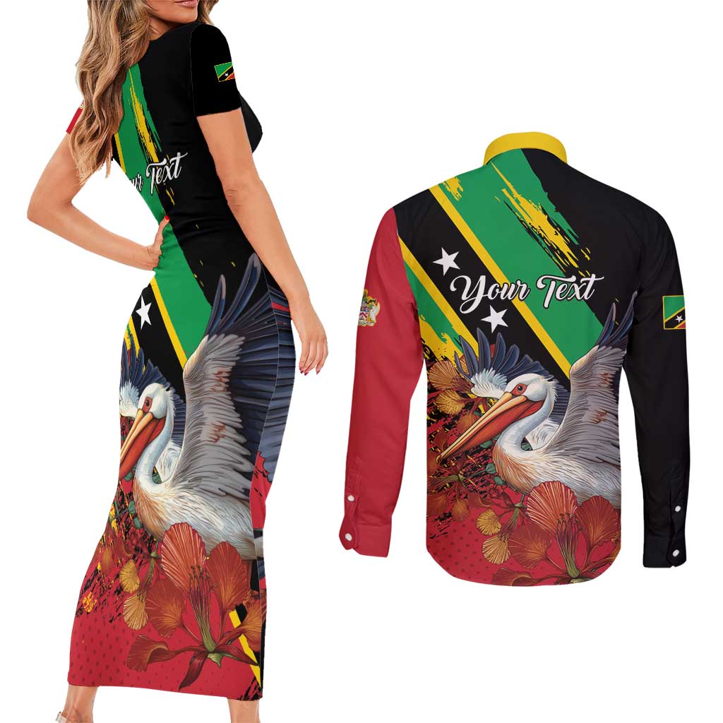 Personalized Saint Kitts and Nevis Pelican Couples Matching Short Sleeve Bodycon Dress and Long Sleeve Button Shirt Royal Poinciana Flowers - Wonder Print Shop