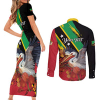 Personalized Saint Kitts and Nevis Pelican Couples Matching Short Sleeve Bodycon Dress and Long Sleeve Button Shirt Royal Poinciana Flowers - Wonder Print Shop
