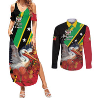 Personalized Saint Kitts and Nevis Pelican Couples Matching Summer Maxi Dress and Long Sleeve Button Shirt Royal Poinciana Flowers - Wonder Print Shop