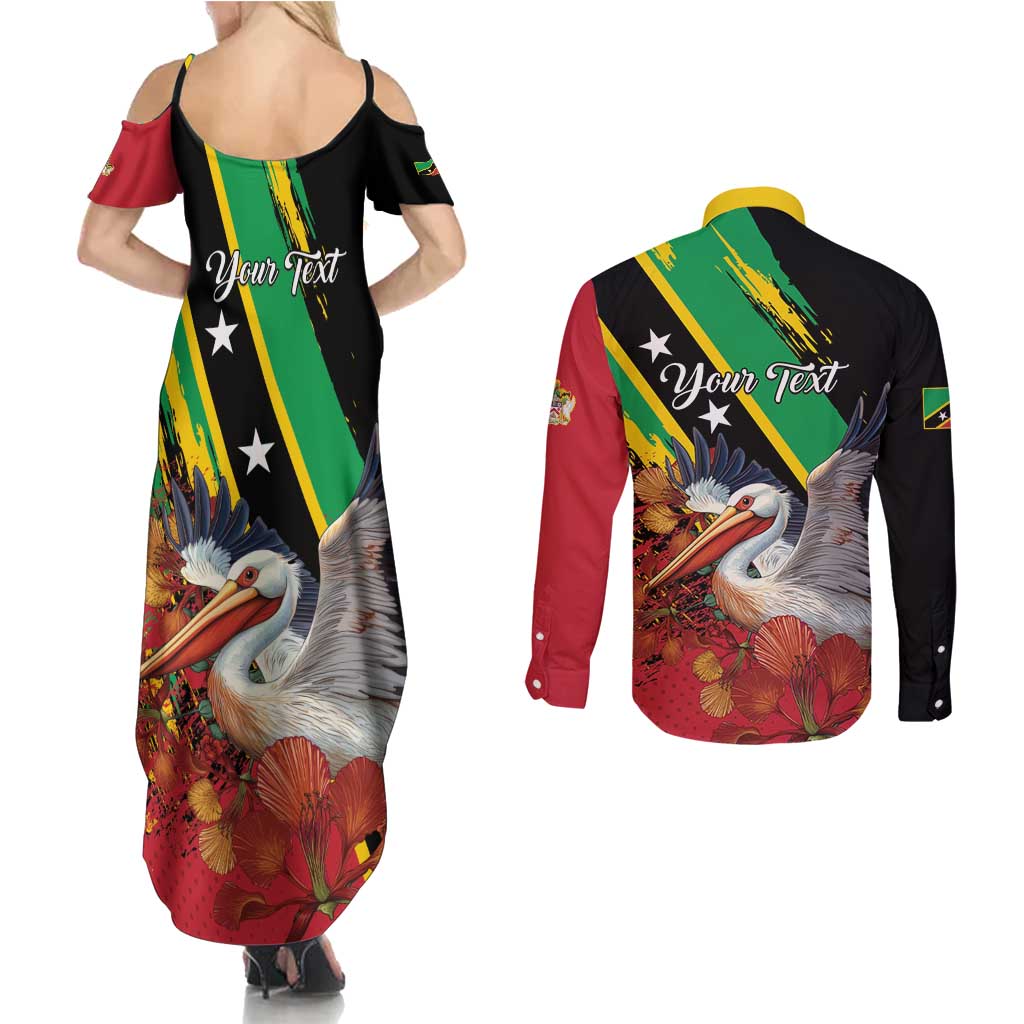 Personalized Saint Kitts and Nevis Pelican Couples Matching Summer Maxi Dress and Long Sleeve Button Shirt Royal Poinciana Flowers - Wonder Print Shop